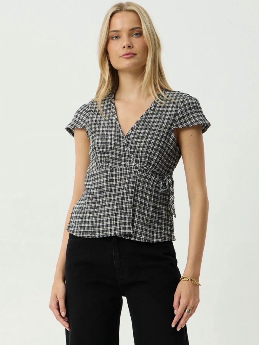 Afends Black & White Plaid Wrap Short Sleeve Top